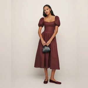 Reformation Dalia Burgundy Midi Dress with Puff Sleeves
